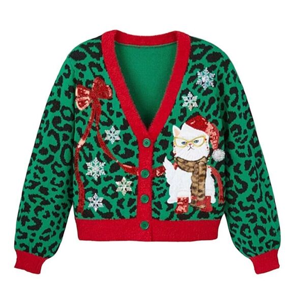 33 Degrees Cat Christmas Sweater Womens XL Green Red Leopard Ugly NEW - Picture 1 of 12